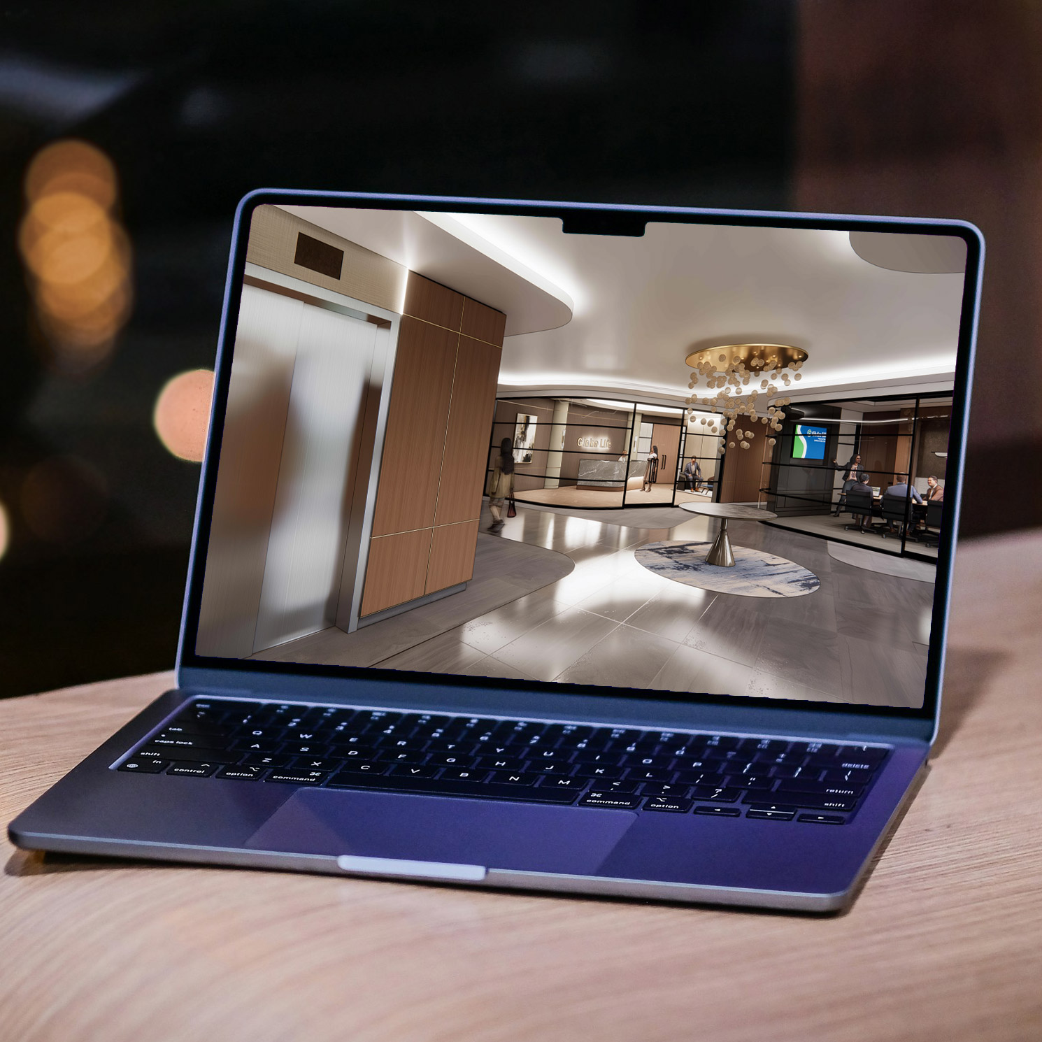 Globe Life Office Render on a Laptop